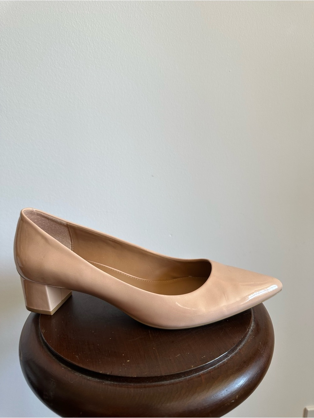 Calvin Klein Patent Pointed-Toe Low Block Heel Pump in Nude Blush